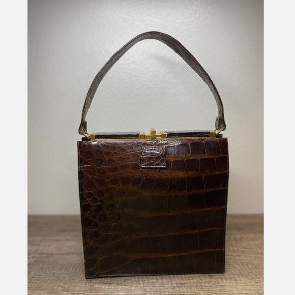 Vintage 1950s Genuine Alligator Crocodile Dark Brown Handbag Rectangular - Picture 2 of 16